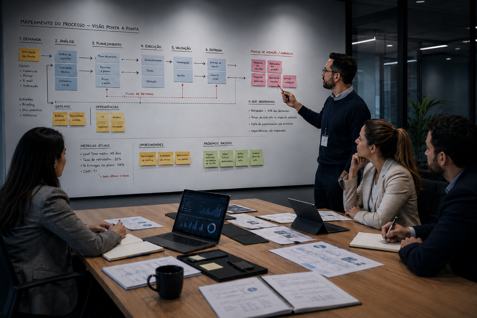 Equipe FORTIVON conduzindo o diagnóstico de um processo em reunião, com mapeamento de etapas, gargalos e métricas no quadro.
